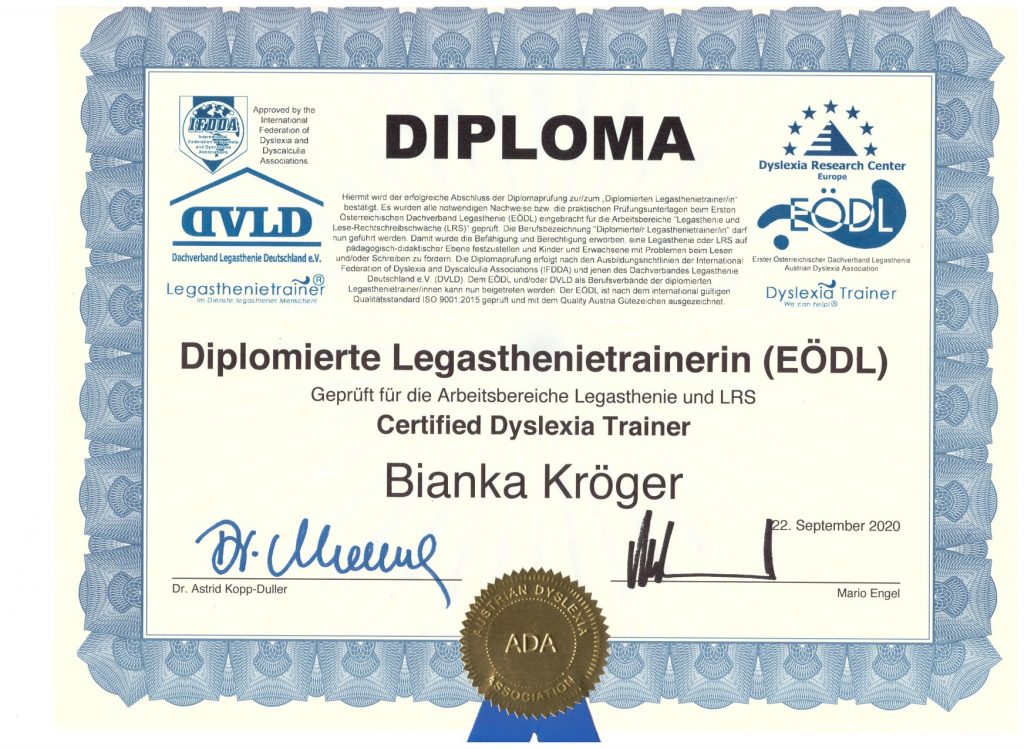 Diploma für Bianka Kröger Legasthenietrainerin